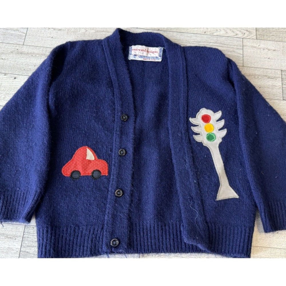 VTG Blue Bird Navy Cardigan‎ 9-12 MOS Sweater Acrylic USA Made Car Traffic Light